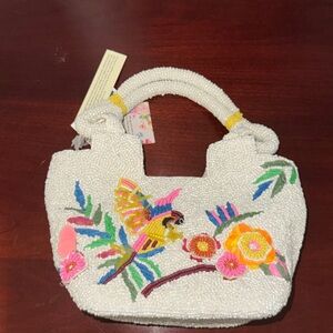 Bird Beaded White Floral & Bird Tote Bag